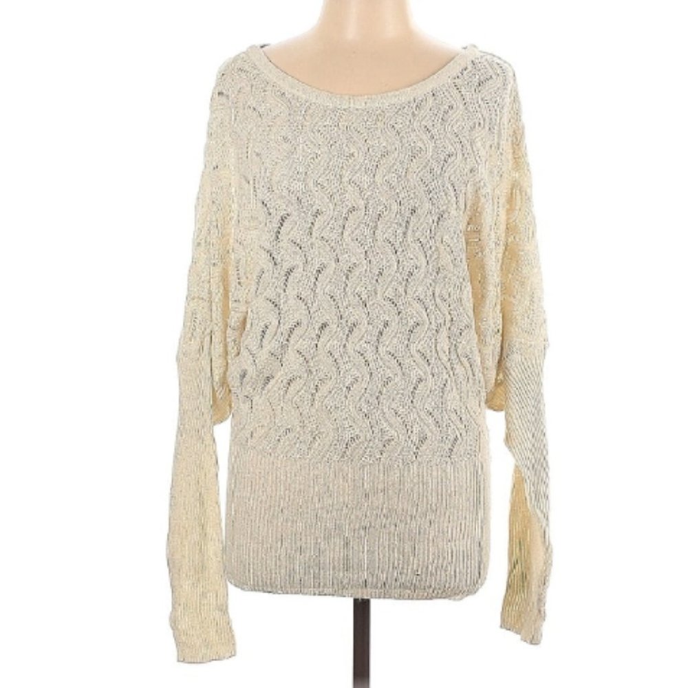 Bisou Bisou Cream Silver Cutout and Ribbed Sweater Dolman Sleeve NWT Size L